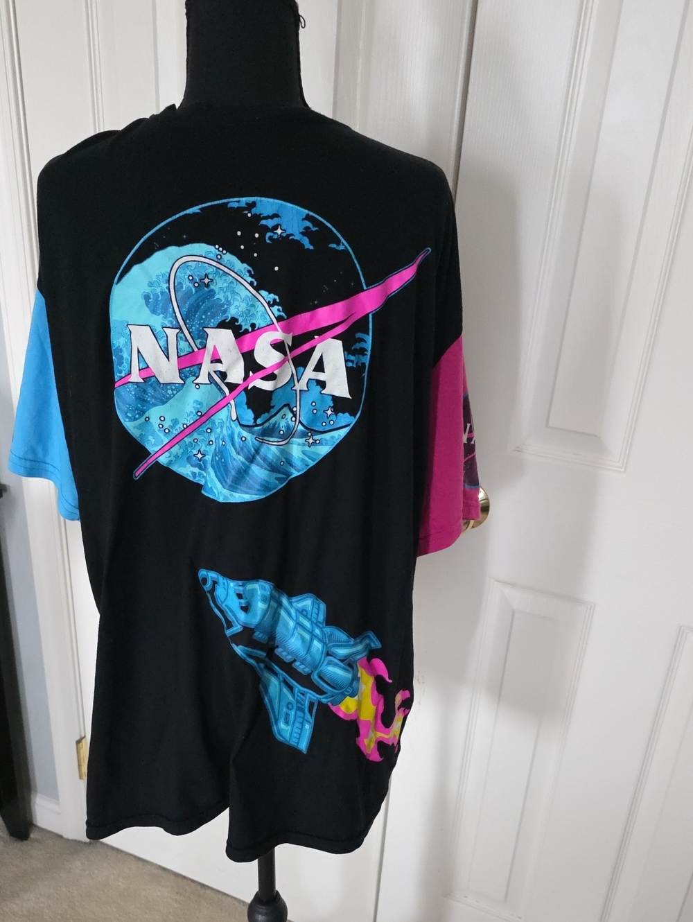 NASA Black Short Sleeve Graphic Tee with Blue & Pink Accents